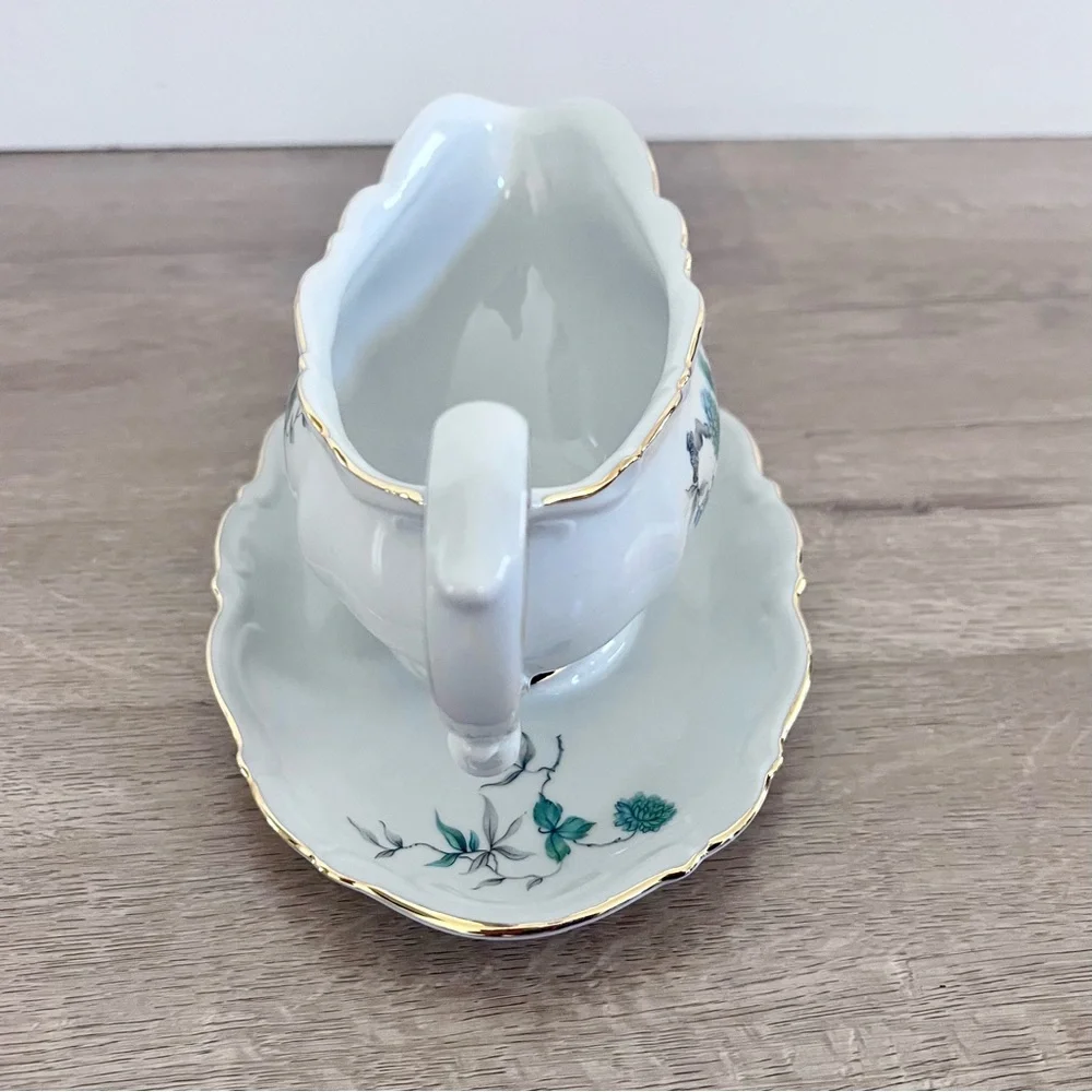 MITTERTEICH Bavaria Germany - Green‎ Ming - Gravy Boat Attached Underplate - Vtg
